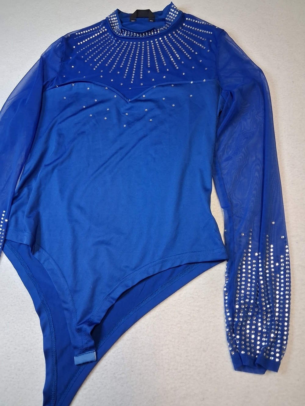 Rhinestone Embellished Sheer Sleeve Bodysuit - Cobalt Blue
